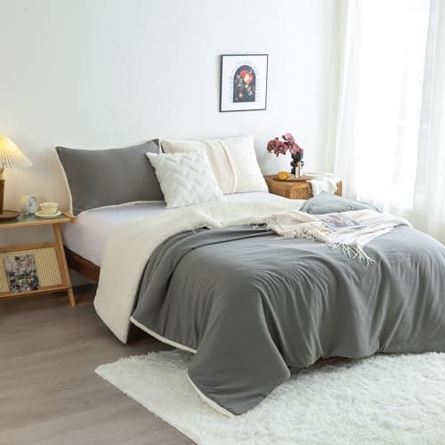 Warm Ultra-Soft Sherpa Bedding Comforter Queen Set, Lightweight But Warm Fluffy Washed Cotton Fleece Down Alternative Reversible Bed Comforter & Pillowsham Fall Winter, Dark Grey and White Full/Queen
