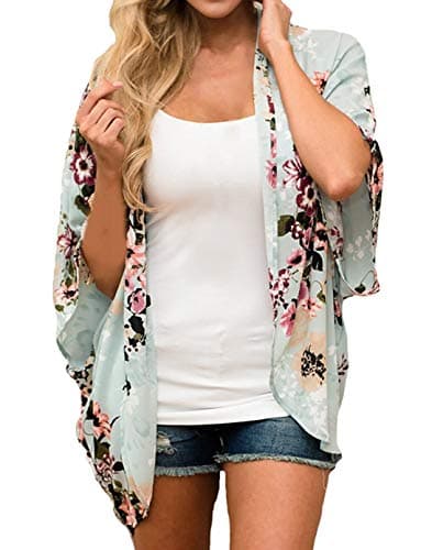 Finoceans Womens Floral Chiffon Kimono Cardigans Loose Beach Cover Up Half Sleeve Tops