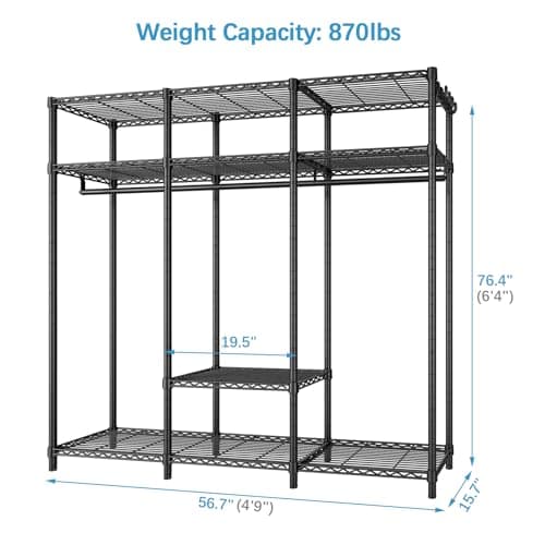 VIPEK V30 Heavy Duty Clothes Rack with 7 Adjustable Shelves & 2 Hang Rods, Portable Closet, Metal Clothing Rack, Freestanding Wardrobe Closet for Hanging Clothes, Max Load 870lbs