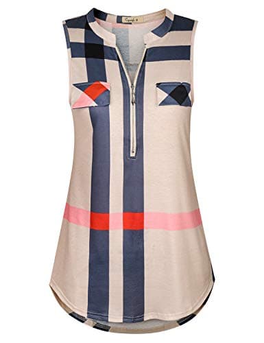 Cyanstyle Sleeveless Tops for Women Women's Zip up V Neck Sleeveless Summer Business Casual Wear Striped Tunic Tank Top Blouses and Shirts with Chest Flaps Apricot Plaid S