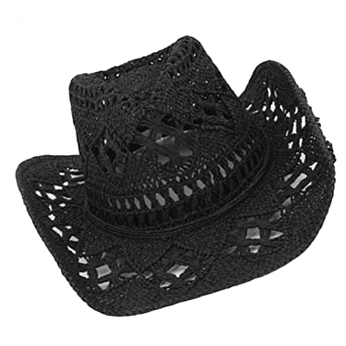 Ruluti Unisex Summer Outdoor Hollow Western Cowboy Hats Hand Woven Straw Hat Breathable Beach Jazz Cap Hats Black, 57cm