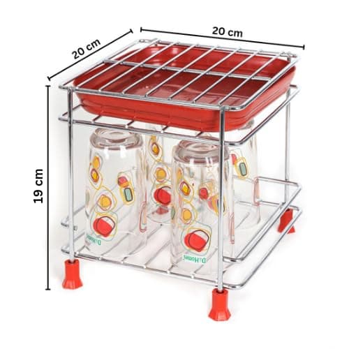 Heavy Stainless Steel Matka Stand with Plastic Countertop Tray and Glass Stand - Three in One Plant Stand with 4 Heavy Plastic Legs (8 Inch)