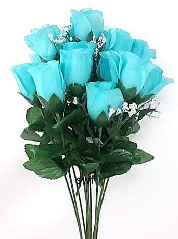 19" Rose Bud Bush Artificial Silk Wedding Craft Flowers Home Decor 14 Heads (Aqua)