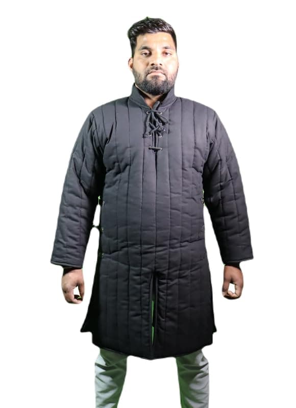 Medieval Thick Padded Full Sleeves Gambeson Coat Aketon Jacket Armor, Black Cotton Fabric - Large