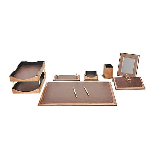 Zetsu 10?Piece Luxury Leather Desk Pad with Double Document Holder Office Organizer Desk Set Wood Leather in 3?Colours - brown