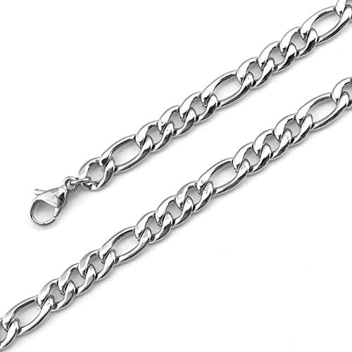 EnM Jewelry Men Women Bracelet Stainless Steel Solid Figaro Chain 7.5-10.5 inches, Silver Color, 7mm Wide