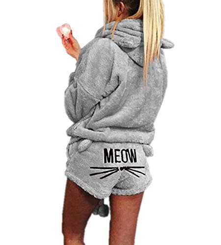 Missfamo Ladies Cute Sleepwear Fleece Hooded Cozy Sherpa Romper Fluffy 2Pcs Pj Short Set