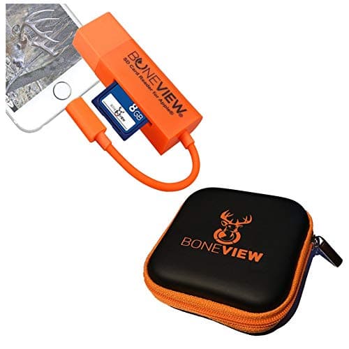 BoneView Card Reader for iPhone, Trail Cam Viewer Plays Deer Hunting Game Camera Scouting Video & Photo Memory on All Apple iPhones or iPads with Lightning Port, Includes Free Case