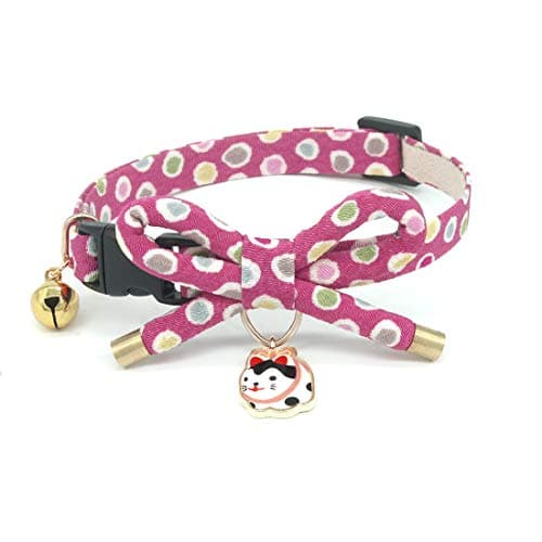 PetSoKoo Cute Bowknot Cat Collar with Bell. Japan Colorful Polka Dots Pattern. Lucky Cat Charm. Safety Breakaway, Soft, for Girl Boy Male Female Adult Cats