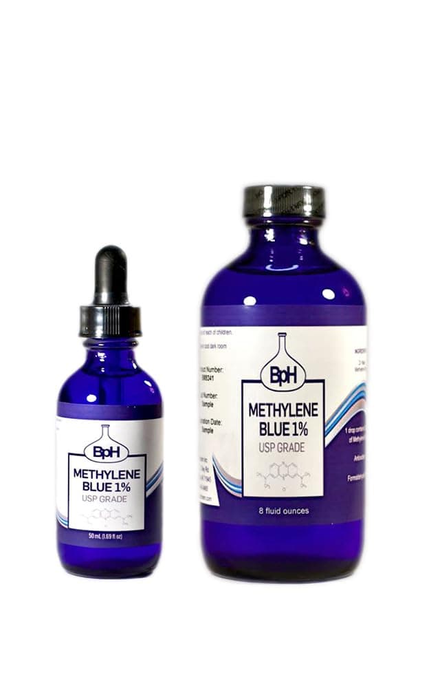 Methylene Blue, 1% USP (Pharmaceutical) Grade: 50 mL Bottle with 8 oz Refill 2-Pack Glass Kit; 3rd Party Tested