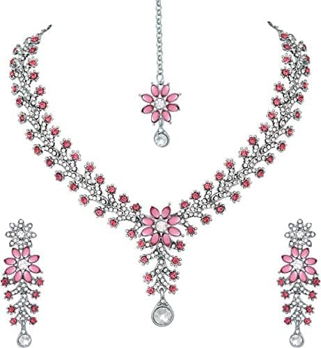 Atasi International Diamond Necklace Jewellery Set for Women with Earrings and Maang Tikka for Wedding, Party, Engagements & Festivals, Regular, Metal, Crystal