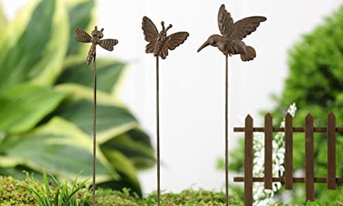 Giftcraft Mini World Iron Miniature 7.5" Assorted Wildlife Garden Picks - Dragonfly, Hummingbird, and Butterfly