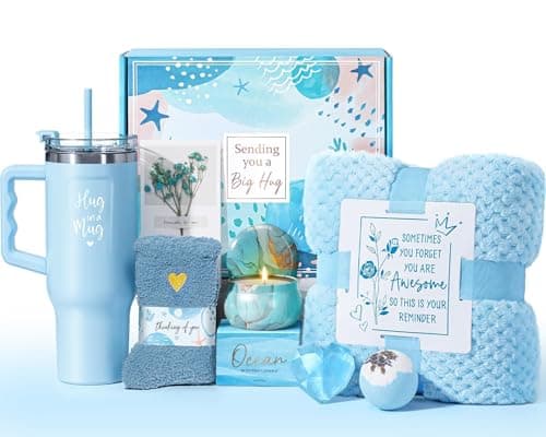 Birthday Gifts for Women Self Care Get Well Soon Gifts, Ocean Relaxing Spa Kit Bath Gift Basket Care Package w/ Flannel Blanket 40 OZ Tumbler, Valentines Day Gift for Her Wife Mom Girlfriend Sister