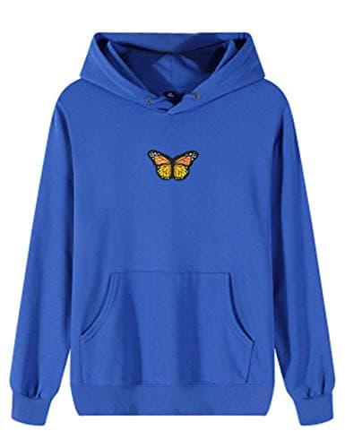 MISSACTIVER Women's Butterfly Patchwork Pocket Casual Pullover Hooded Sweatshirt (Large, Dark-Bule)