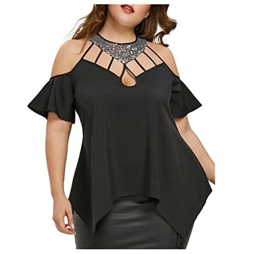 ManxiVoo Women Sexy Cold Shoulder Tops Summer Plus Size Tshirt Blouse Sequin SheerCrop Smocked Tee Shirt (XL, Black)