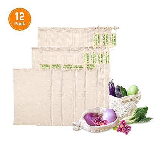 Reusable Produce Bags, LONGMADA 100% Organic Cotton Mesh Veggie Bags | Machine Washable | Eco-friendly | Recyclable Biodegradable Grocery Bag | Set of 12(3 Large,4 Medium, 5 Small)