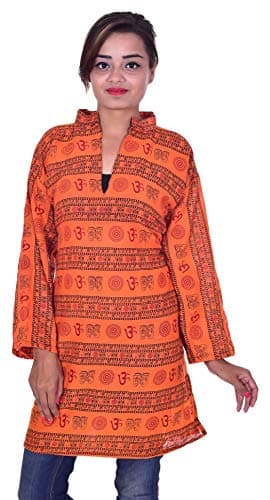 lakkar haveli100% Cotton Indian Top Kurta Women Ethnic Tunic Kurti Plus Size Om Print Orange Color