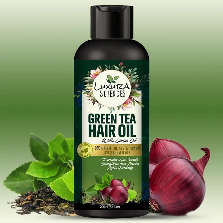 Luxura Sciences Green Tea Hair Oil with Onion Oil, 6.76 (200ml), Natural Hair Care for Dandruff and Hair Loss Control, Healthy, Soft, and Shiny Hair