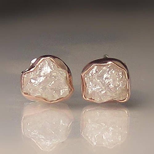Natural White Rough Diamond Earrings - Raw Diamond Earrings in 14k Rose Gold and Sterling Silver