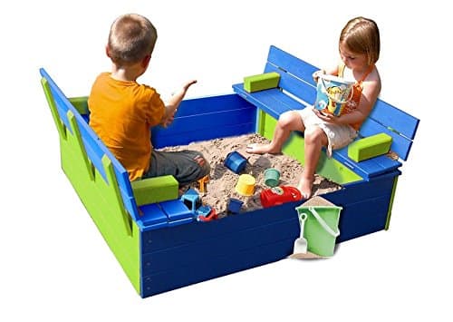 Wooden Sand Pit Moritz 120X120XH30 cm, glazed Apple Green and Blue, with Lid Outdoor Play Wooden Sand Pit and Bench Seat – Burrowing Box Sandbox, Tables and Chairs in Garden World Latches Berger