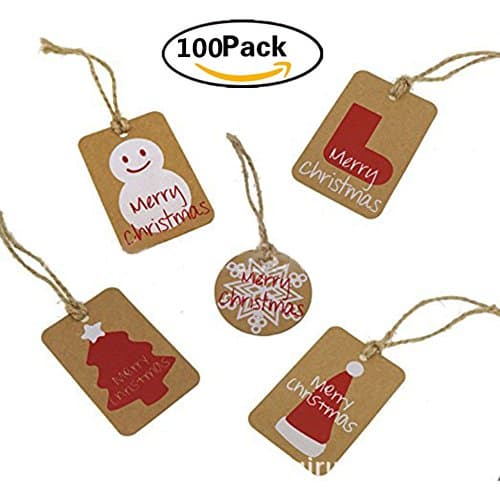 RenBa 100 pcs Kraft Paper Christmas Gift Tags 5 Designs for DIY Xmas Holiday Present Label