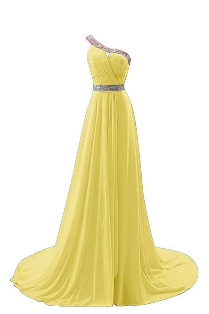Momoai One Shoulder Bridal Dress Beaded Chiffon Prom Gown Long Empire Bridesmaid Dresses M011