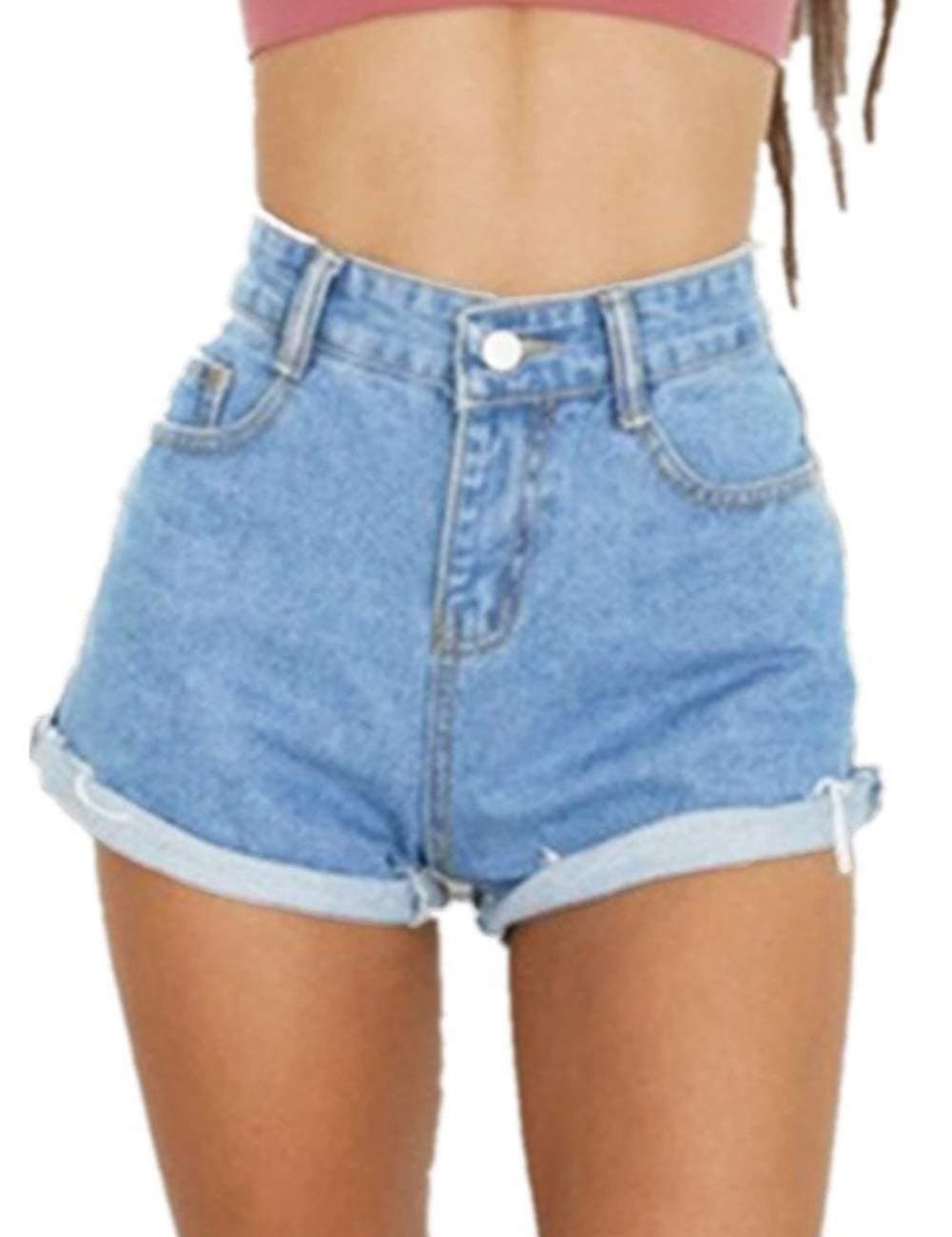 HaolaWomen's Juniors Vintage Summer Denim High Waisted Folded Hem Jeans Shorts