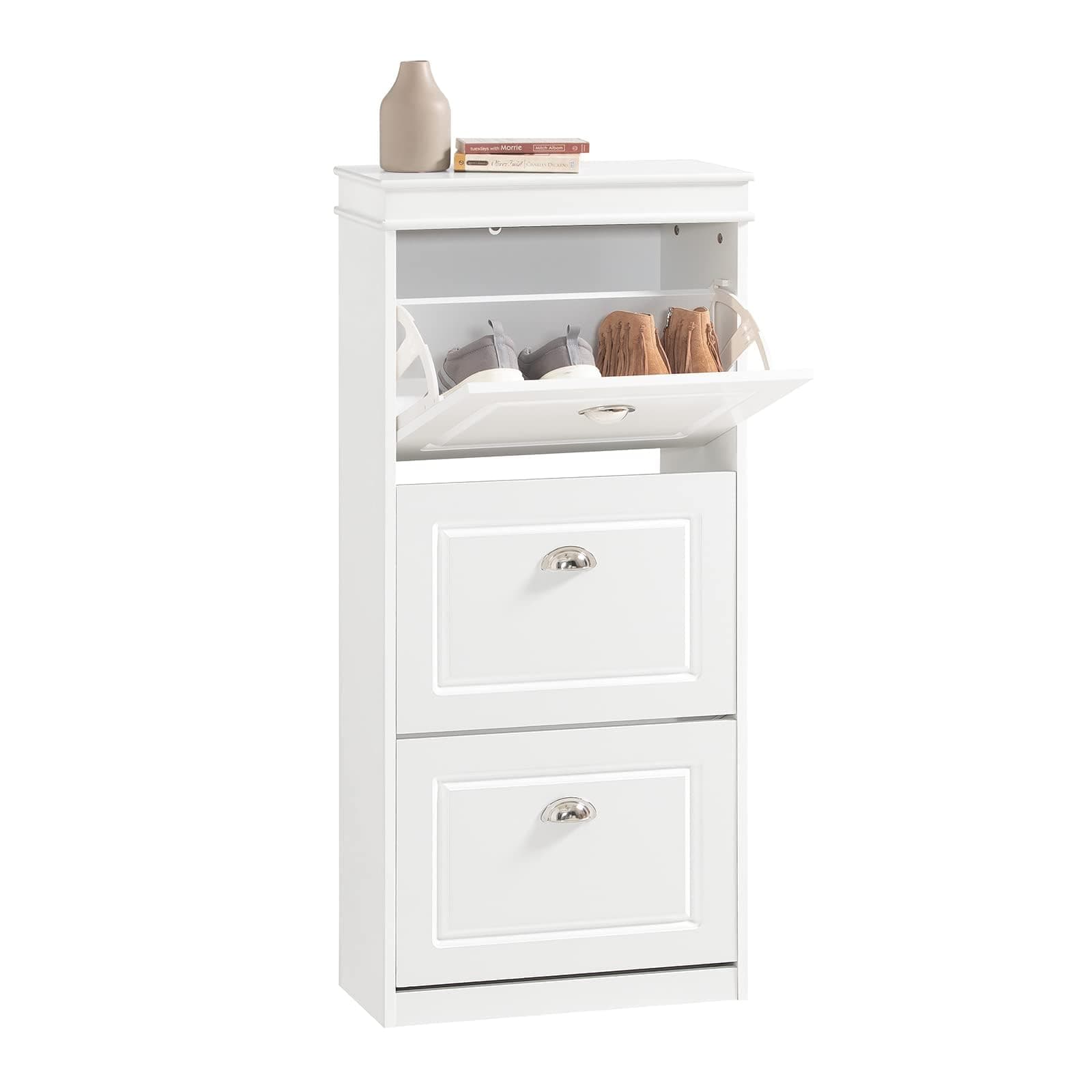 SoBuy Shoe Rack Cabinet with 3 Flip Drawers, Slim Shoe Storage Cabinet Hallway, Entryway, Corridor, Small Spaces, MDF Wooden Cupboard, White, W53 x D24 x H117 FSR94-W