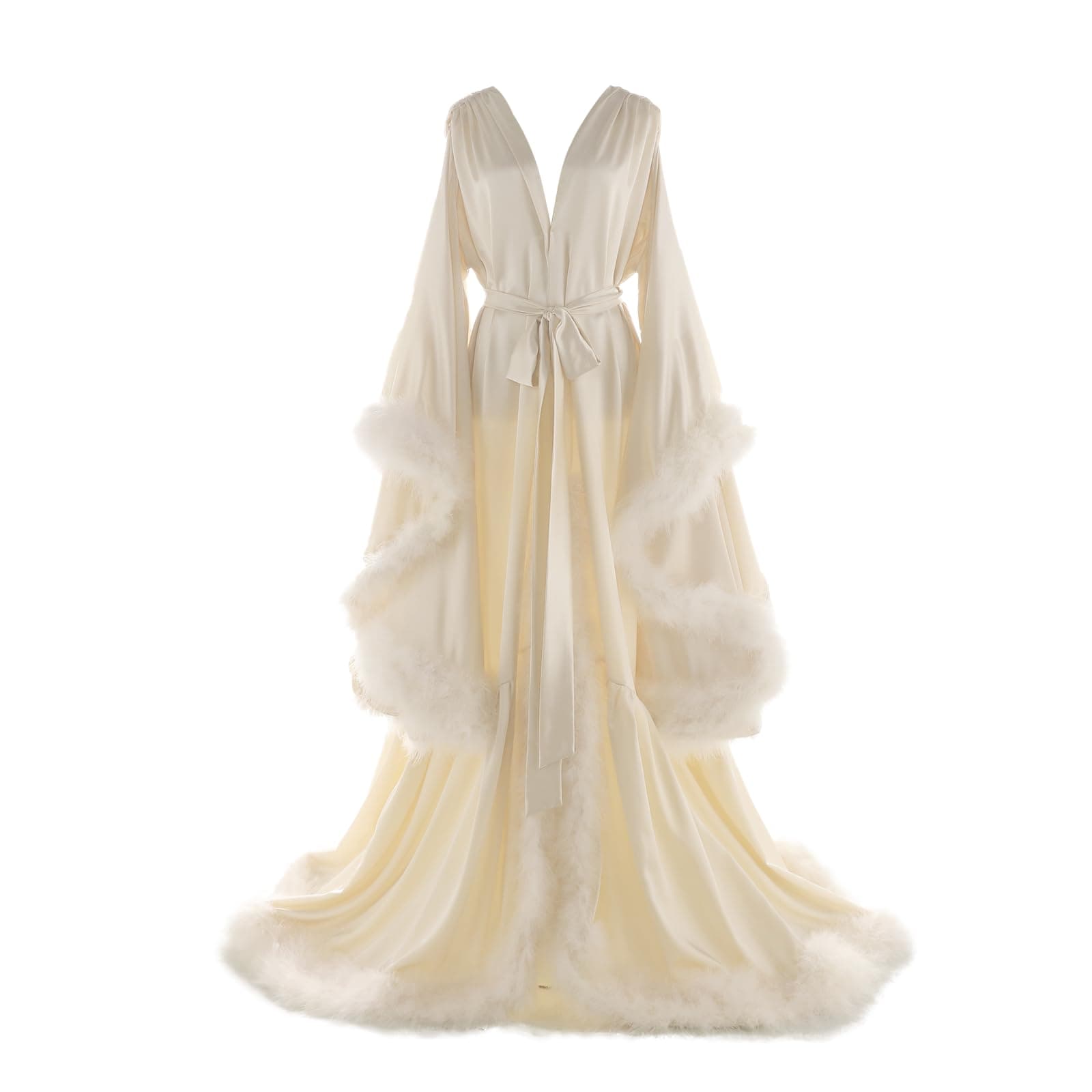 Women's Feather Bridal Robes Old Hollywood Maternity Photoshoot Nightgown Silk Bathrobe Long Lingerie