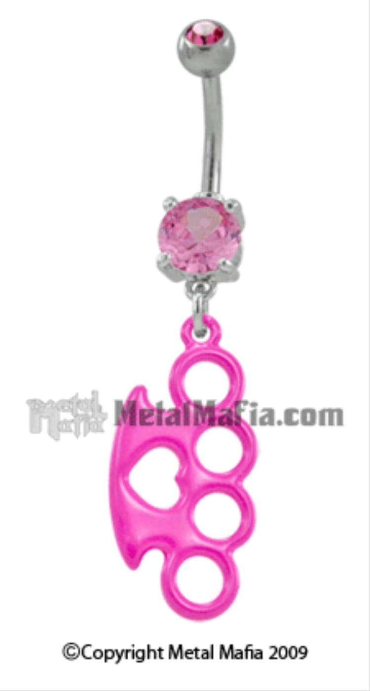 Pink Brass Knuckle Belly Ring With Heart Cutout
