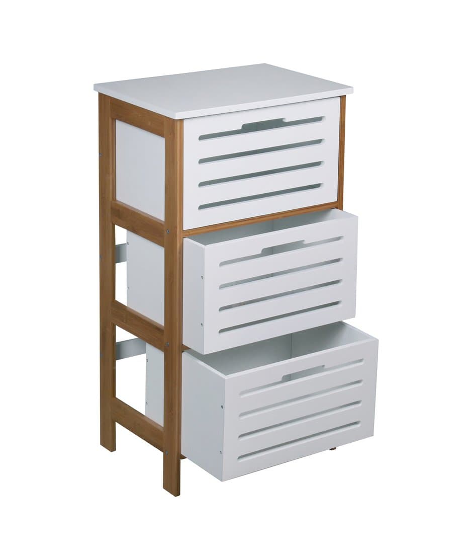 Right Deals UK Amazonica Modern White & Bamboo 3 Drawer Storage Cabinet - Bathroom Collection (3 Drawer Cabinet, White & Bamboo)