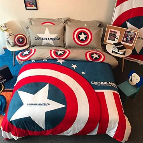 Luxury 3D Marvel Captain America Bedding Set Cartoon Bedding for Kids 100%Cotton Duvet Cover Set 4PC,1Duvet Cover,1Flat Sheet,2Pillowcase King Queen/Full Twin Size(NO Comforter)No Inside Filler
