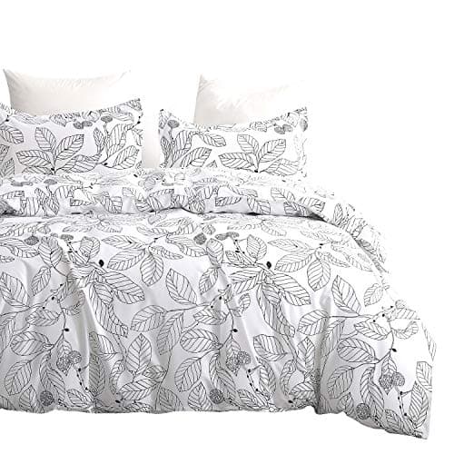 DeerHome Bedding Duvet Cover Set Queen with Zipper Closure, Black Branches Leaves Printed Pattern Reversible, Brushed Microfiber, Lightweight Soft, Durable