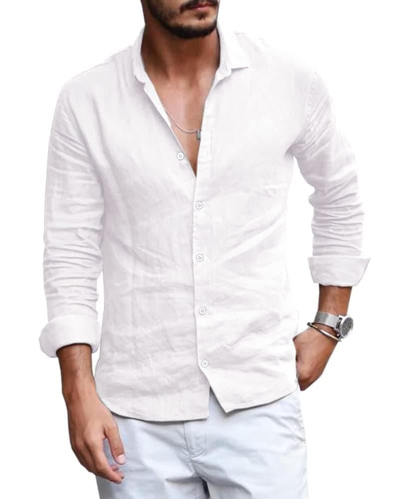 Runcati Mens Button Down Shirt Linen Cotton Shirts Casual Long Sleeve Spread Collar Beach Plain Tops