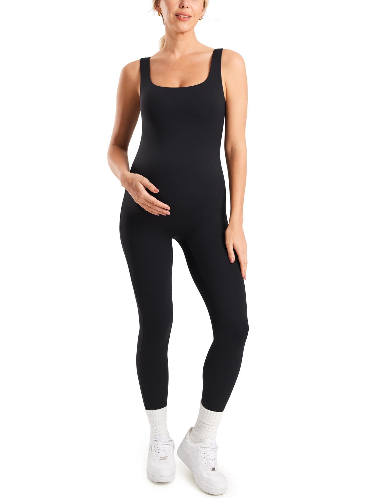 Maternity Jumpsuit Workout Romper for Pregnancy Seamless Leggings Bodysuit Sleeveless Square Neck Tank Top