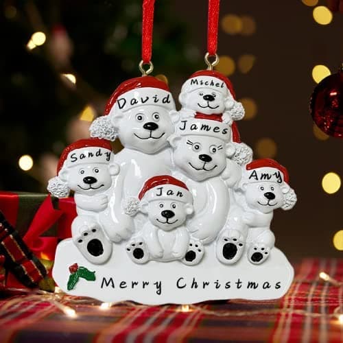 BCSmyer Polar Bear Family of 6 Christmas Ornaments 2021 Best Personalized Christmas Ornaments as Family Christmas Hanging Decorations for Babys First Christmas Ornament 2021 (6 Heads)