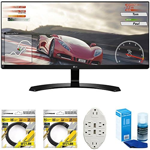 LG 34UM60-P 34-inch IPS WFHD Ultrawide Freesync Monitor 2017 Model Bundle with 2X 6ft HDMI Cable, Screen Cleaner for LED TVs and 6-Outlet Surge Adapter with Night Light