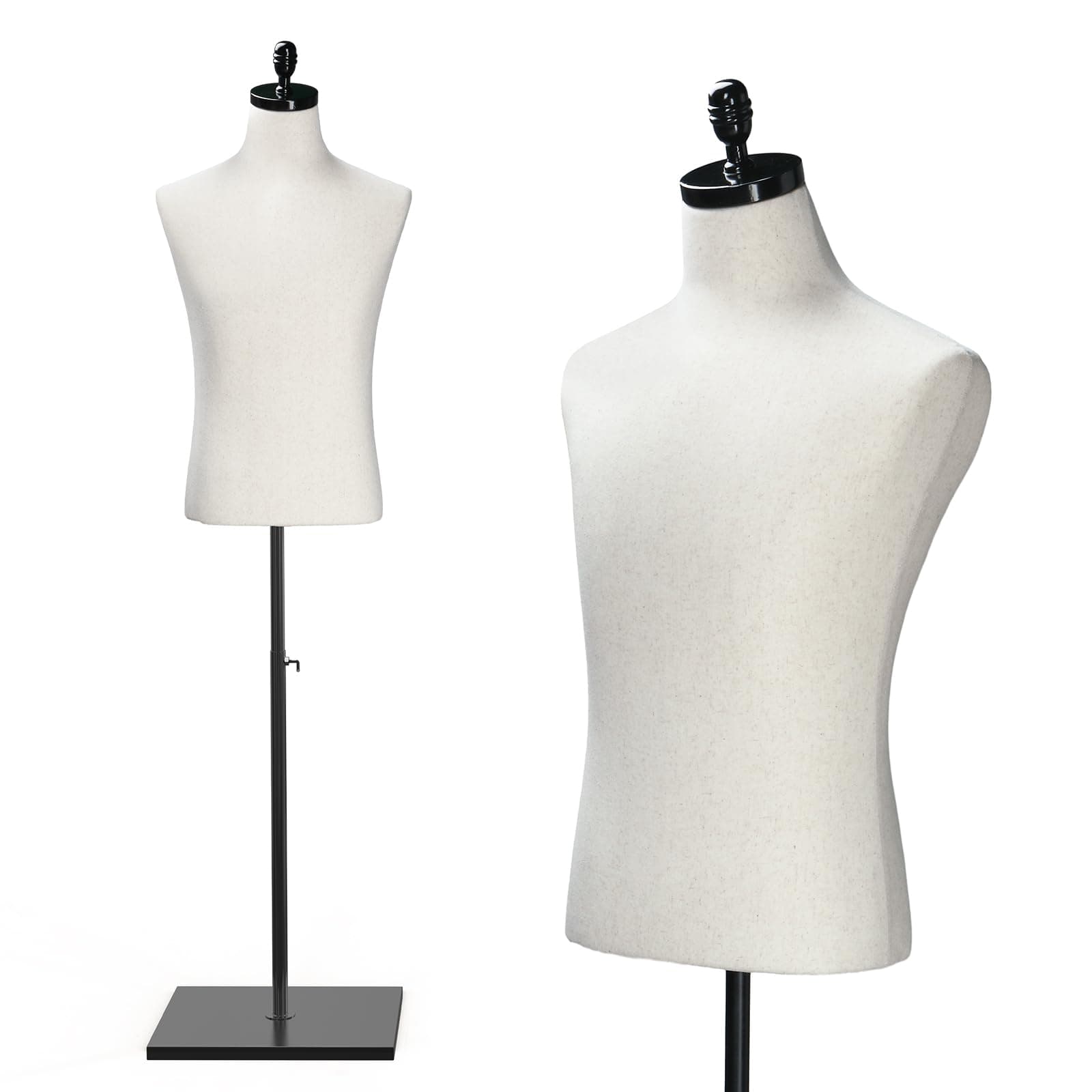 VINGLI Male Mannequin Torso with Wooden/Metal Stand, Adjustable Height Male Dress Form Body for Clothing Display and Sewing (Beige, Wood Base)