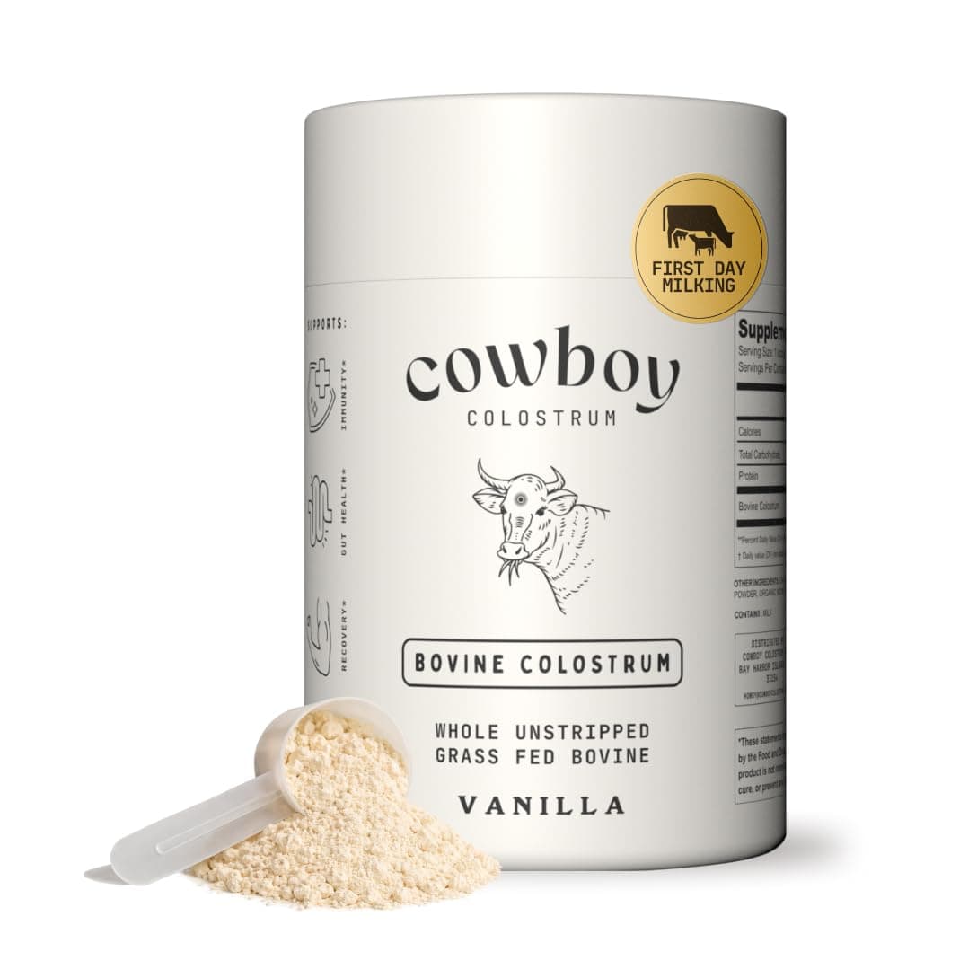 Cowboy - The Exclusive 1st Milking, Whole, Grass Fed Colostrum Supplement for Full Body Health - Bovine Colostrum Powder Packed w/Bioactive Nutrients - Sugar Free (Vanilla, 40 Servings)