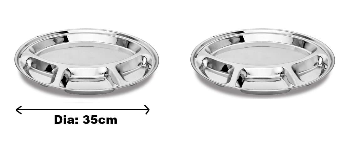 Stainless Steel Round 4 Compartment Dish 35cm Indian Thali Plate Dish Camping (2pc)