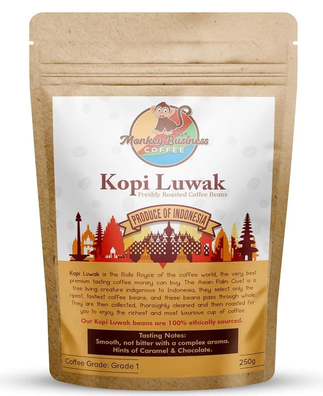 Monkey Business Coffee - Wild Kopi Luwak Coffee Ground Beans - Ethically Sourced - 250 Grams (Other Weights & Bean Types Available) - Produce of Indonesia