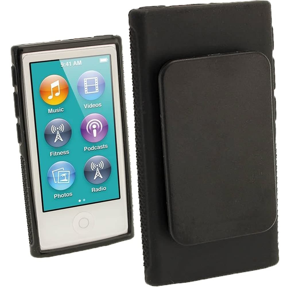iGadgitz Black 'Clip'n'Go' Durable Crystal Gel Skin (TPU) Case Cover for Apple iPod Nano 7th Generation 7G 16GB with Integrated Sports Clip + Screen Protector