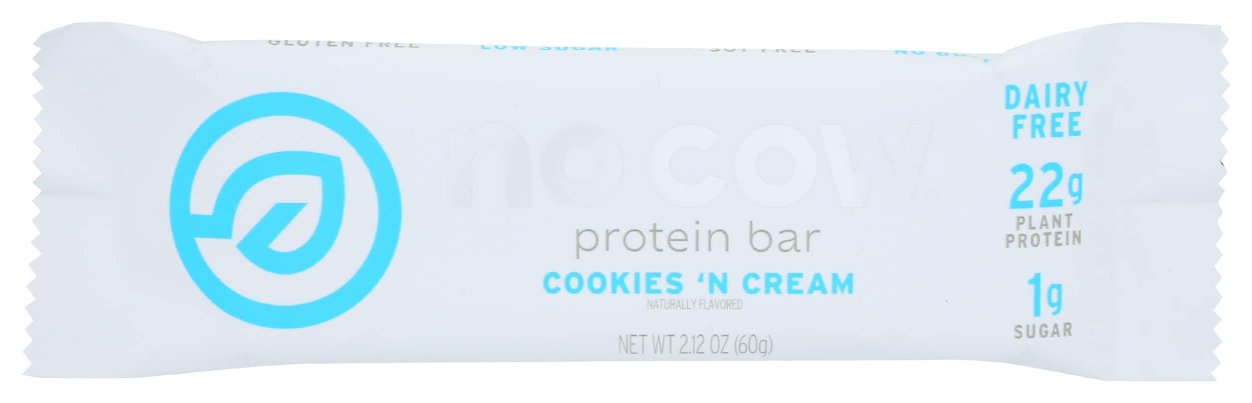 No Cow High Protein Bars, Cookies 'N Cream, 21g Plant Based Vegan Protein, Keto, Low Sugar, Low Carb, Low Calorie, Gluten Free, Naturally Sweetened, Dairy Free, Non GMO, Kosher, 2.12 Oz (Pack of 12)