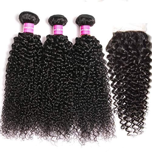 QinMei 10A Brazilian Virgin Curly Hair 3 Bundles With Closure (10 12 14+10) Free Part 100% Unprocessed Brazilian Kinky Jerry Curly 4x4 Lace Closure With Human Hair Bundles Curly Hair Extensions