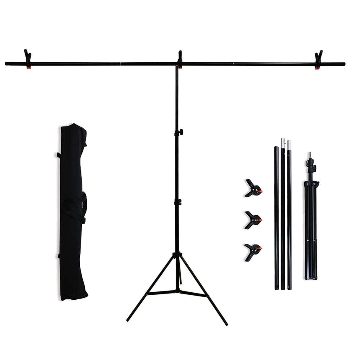 T-Shape Black Aluminum Alloy Backdrop Stand, 6.56×6.56ft Backdrop Stand for Parties, Adjustable Portable Photography Backdrops, Heavy Duty Photo Backdrop Stand Kit(with 3 Spring Clamps PQ001