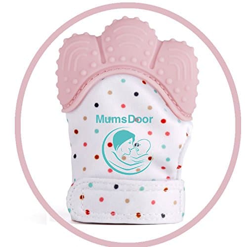 MumsDoor Baby Teething Mitten Glove-Innovative Designed Baby Teething Mitten (Mitts) - Age 2-12 Months- BPA Free Silicon, Adjustable Strap. Great for Travel Washable Glove. One Quarlz Pink Mitten