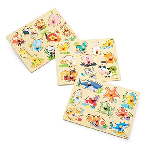 Orange Pieces Puzzles Toddler Learning Toys - Wooden Pegged Puzzles for Toddlers 3 Years 3 Puzzle Set for Kids Farm Animals, Jungle Animal, Sea Creatures Toy Perfect peg Board for Children Learning