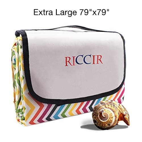 Large Waterproof Picnic Blanket – 79” x 79” Striped Beach Handy Mat with Strap with Water Resistant Backing – Dual Layer Large Outdoor Family Blanket Tote Best for Beach, Camping on Grass, Picnics