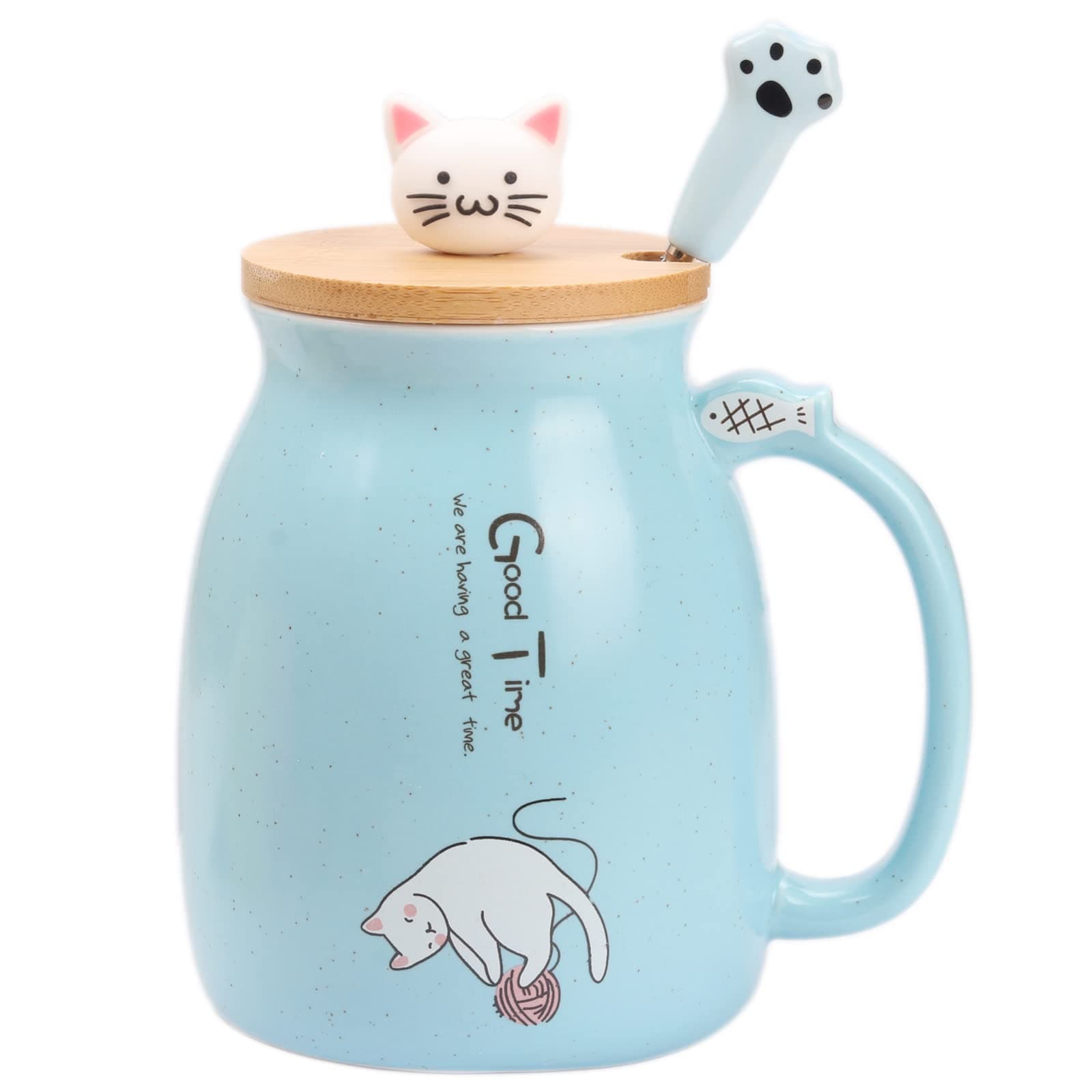 Cute Cat Mug Cute Cup Cat Mugs for Women Cat Gifts for Women Cat Lovers Cute Cat Coffee Mugs for Women Cat Lovers Girl Kids Cat Coffee Mugs Morning Cup with Lovely Kitty Lid and Cat Paw Spoon Blue