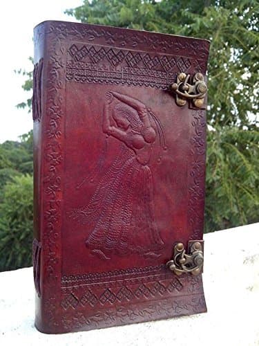 FABIYANO Embossed Ragini 9" Handmade Leather Journal Indian Dancing Lady 2 Lock Diary Thought Book Bound Notebook Travel